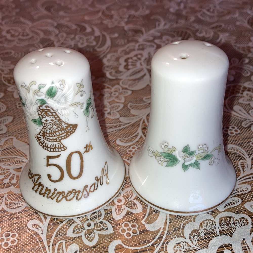 LEFTON china 50th Anniversary salt & pepper shakers, 2 1/2” hi x 2”.  $19 - Picture 2 of 4